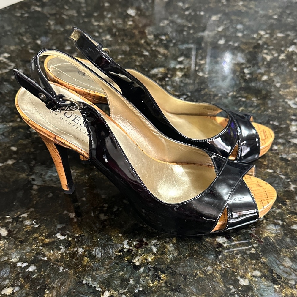 Guess Glossy Black Leather and Tan Wood Heels